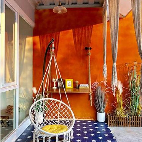 29网红咖啡厅角落 波西米亚摩洛哥蓝橘流苏吊篮座椅封面图